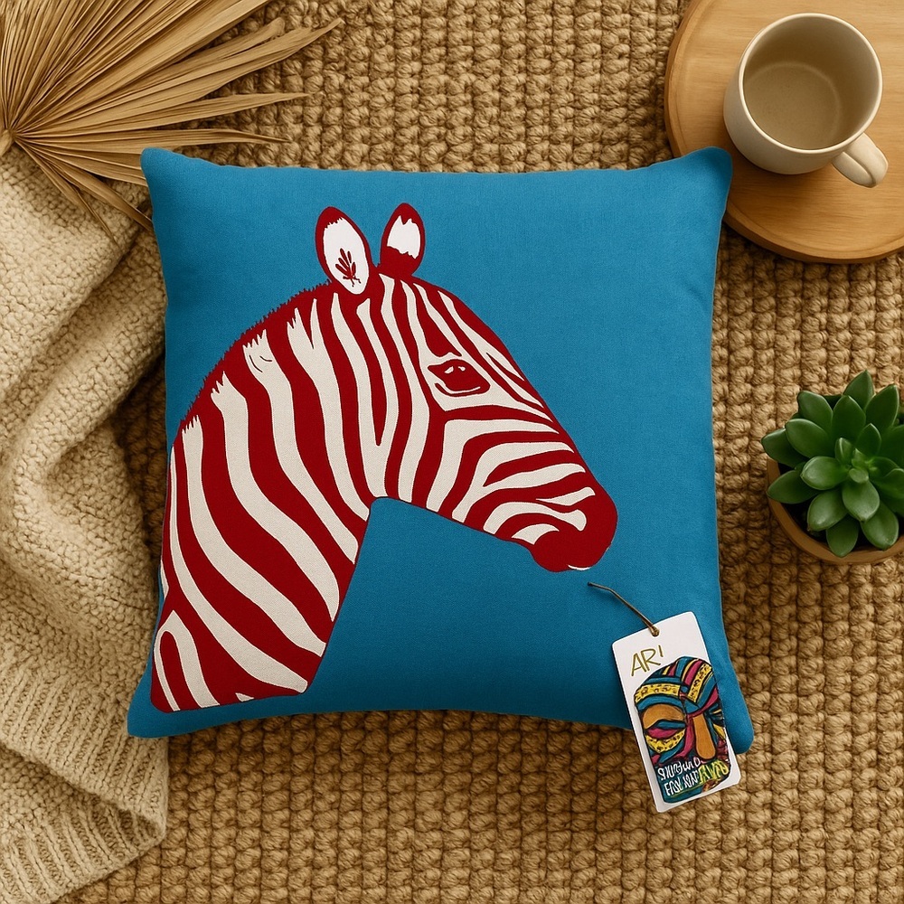 NWT Hand painted  and printed Zebra Accent Pillow Turquoise Blue Red 14” square